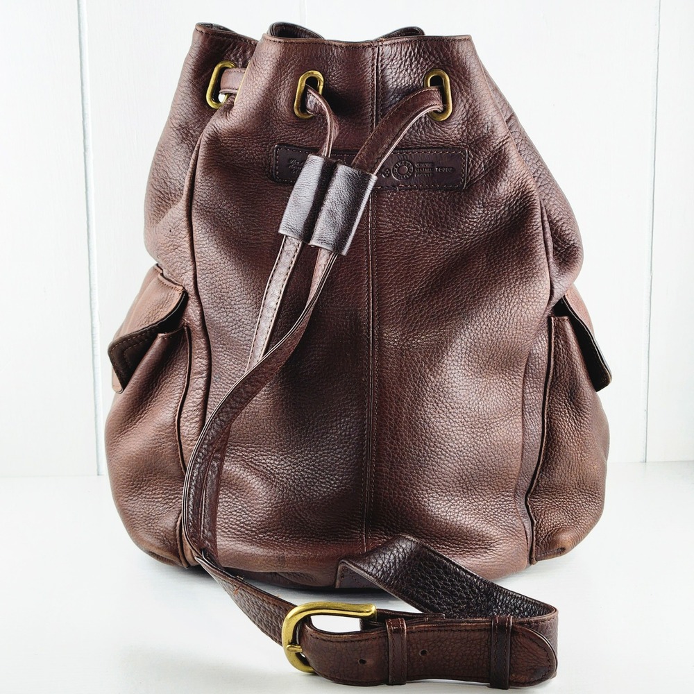 Fossil Vintage 90s Brown Pebbled Leather Drawstring Bucket Bag Backpack 75082 - Picture 3 of 12